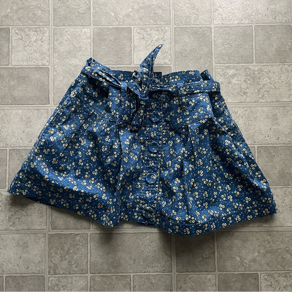 Intrealife Blue Floral Ditsy Flower Button Up Mini Skirt Chunky Belt Size 40